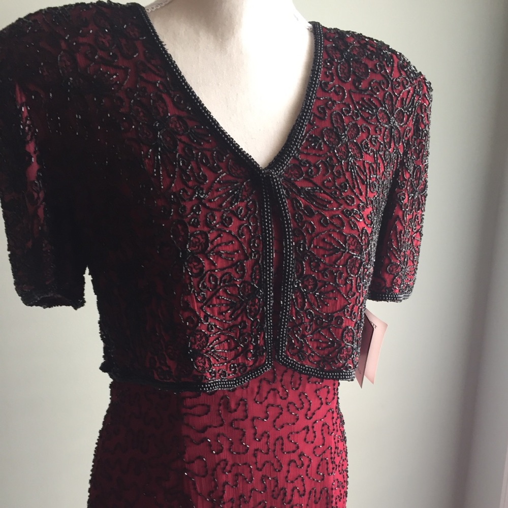 Riva Designs NWT Vintage Silk Evening Gown w Hand-Beading, Short Sleeve, V-Neck